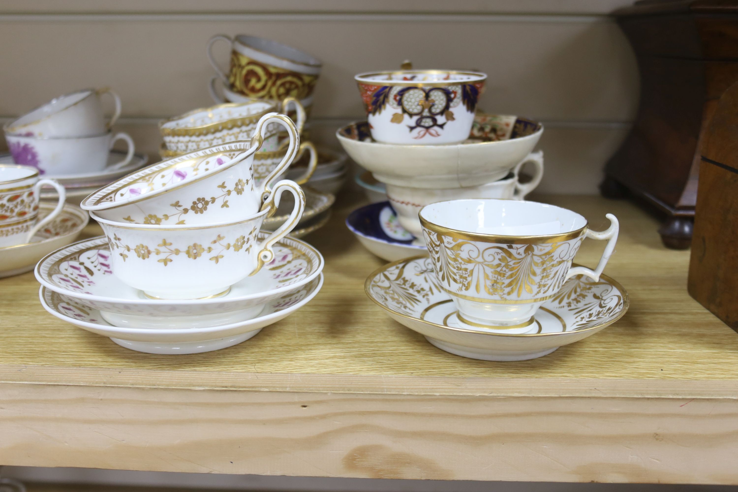 A group of 19th century and later cups and saucers, etc., majority English porcelain